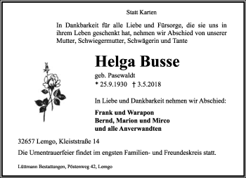 Anzeige  Helga Busse  Lippische Landes-Zeitung