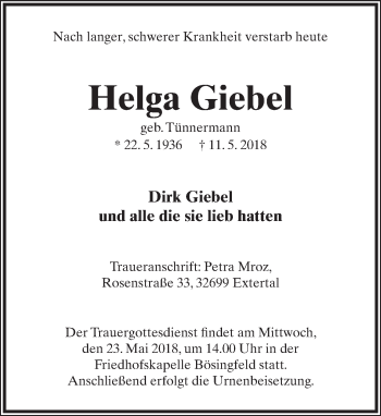 Anzeige  Helga Giebel  Lippische Landes-Zeitung