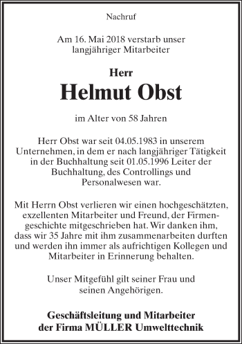 Anzeige  Helmut Obst  Lippische Landes-Zeitung