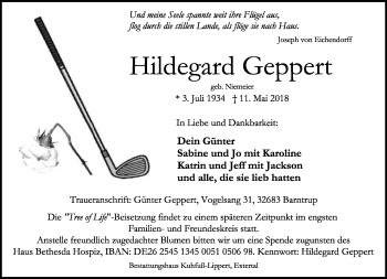 Anzeige  Hildegard Geppert  Lippische Landes-Zeitung
