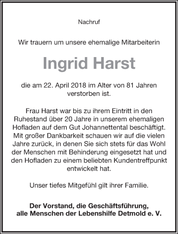 Anzeige  Ingrid Harst  Lippische Landes-Zeitung