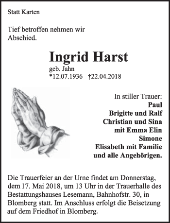 Anzeige  Ingrid Harst  Lippische Landes-Zeitung