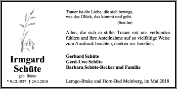 Anzeige  Irmgard Schüte  Lippische Landes-Zeitung
