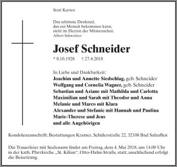 Anzeige  Josef Schneider  Lippische Landes-Zeitung