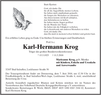 Anzeige  Karl-Hermann Krog  Lippische Landes-Zeitung