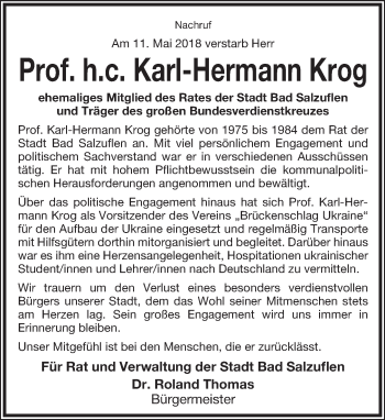 Anzeige  Karl-Hermann Krog  Lippische Landes-Zeitung
