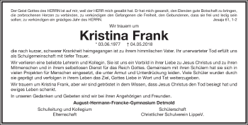 Anzeige  Kristina Frank  Lippische Landes-Zeitung