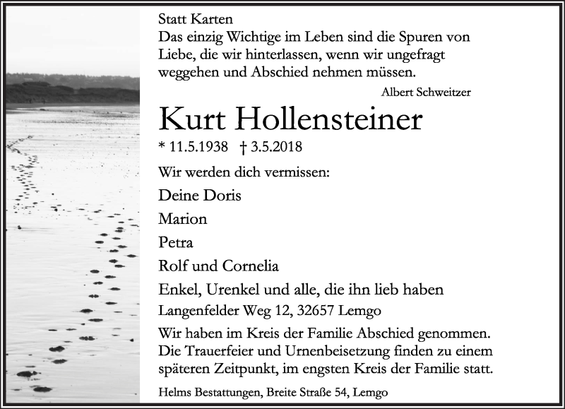  Traueranzeige für Kurt Hollensteiner vom 12.05.2018 aus Lippische Landes-Zeitung