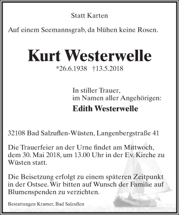 Anzeige  Kurt Westerwelle  Lippische Landes-Zeitung
