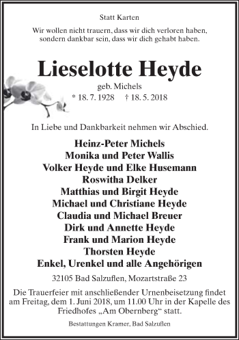 Anzeige  Lieselotte Heyde  Lippische Landes-Zeitung