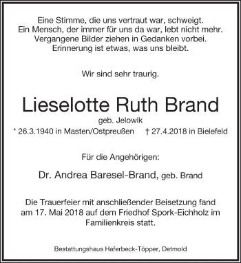 Anzeige  Lieselotte Ruth Brand  Lippische Landes-Zeitung