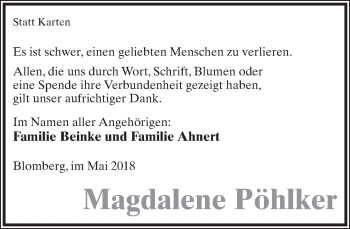 Anzeige  Magdalene Pöhlker  Lippische Landes-Zeitung