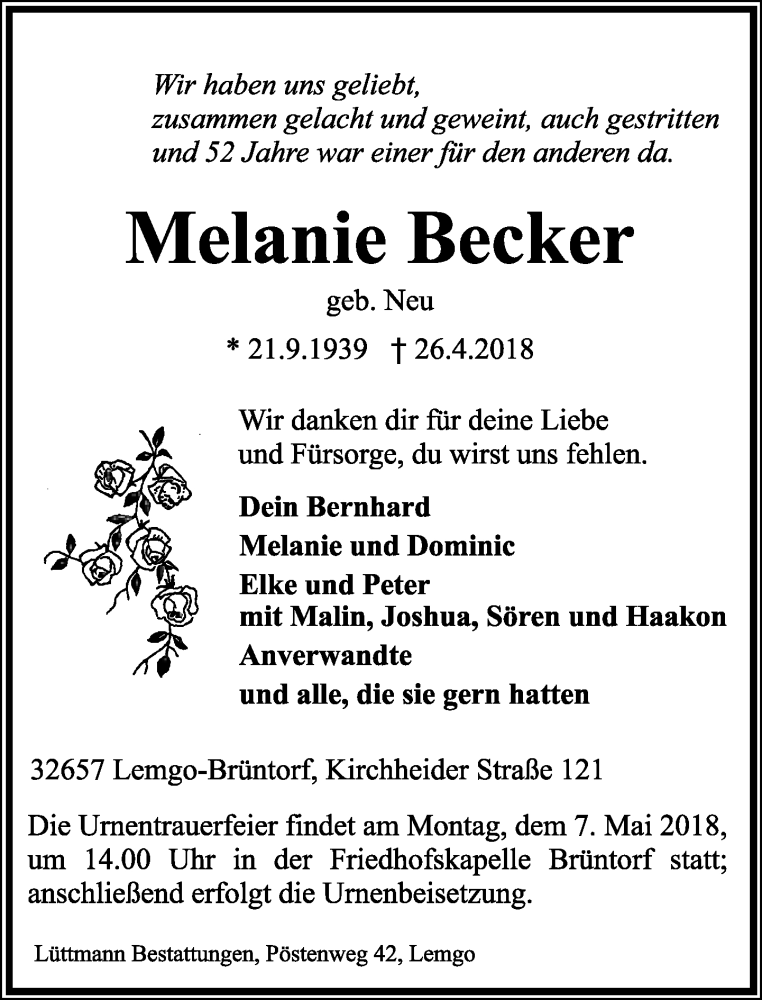  Traueranzeige für Melanie Becker vom 03.05.2018 aus Lippische Landes-Zeitung
