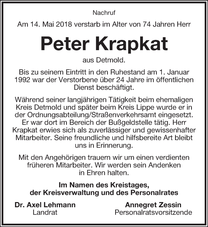  Traueranzeige für Peter Krapkat vom 30.05.2018 aus Lippische Landes-Zeitung