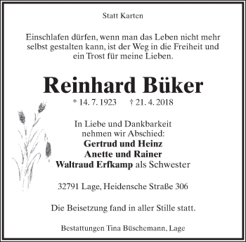 Anzeige  Reinhard Büker  Lippische Landes-Zeitung