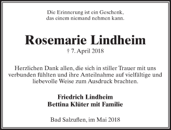 Anzeige  Rosemarie Lindheim  Lippische Landes-Zeitung