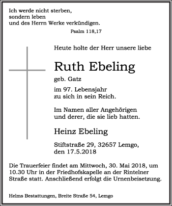 Anzeige  Ruth Ebeling  Lippische Landes-Zeitung