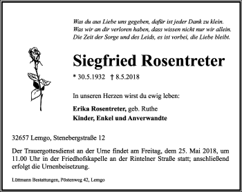 Anzeige  Siegfried Rosentreter  Lippische Landes-Zeitung
