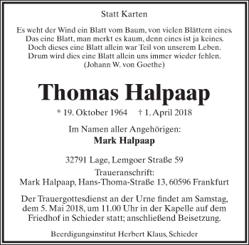 Anzeige  Thomas Halpaap  Lippische Landes-Zeitung