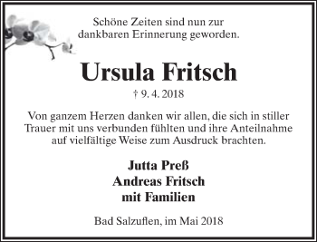 Anzeige  Ursula Fritsch  Lippische Landes-Zeitung