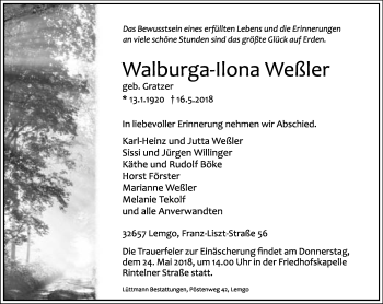 Anzeige  Walburga-Ilona Weßler  Lippische Landes-Zeitung