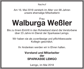 Anzeige  Walburga-Ilona Weßler  Lippische Landes-Zeitung