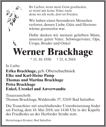 Anzeige  Werner Brackhage  Lippische Landes-Zeitung
