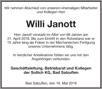Anzeige  Willi Janott  Lippische Landes-Zeitung