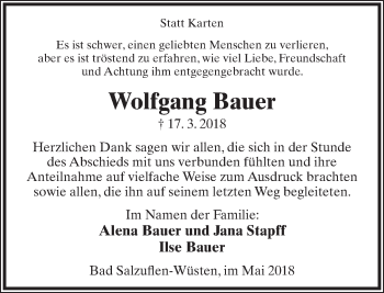 Anzeige  Wolfgang Bauer  Lippische Landes-Zeitung