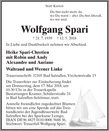 Anzeige  Wolfgang Spari  Lippische Landes-Zeitung