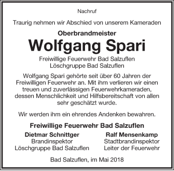 Anzeige  Wolfgang Spari  Lippische Landes-Zeitung