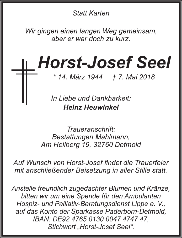  Traueranzeige für Horst-Josef Seel vom 12.05.2018 aus Lippische Landes-Zeitung