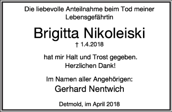 Anzeige  Brigitta Nikoleiski  Lippische Landes-Zeitung