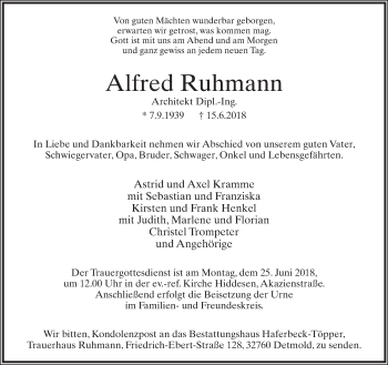 Anzeige  Alfred Ruhmann  Lippische Landes-Zeitung