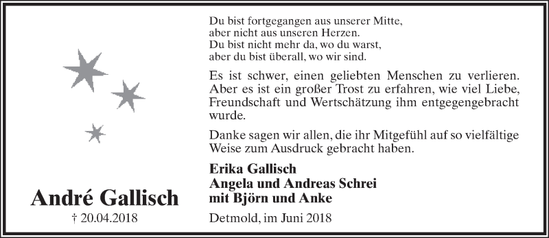  Traueranzeige für André Gallisch vom 30.06.2018 aus Lippische Landes-Zeitung