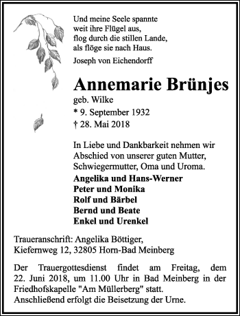 Anzeige  Annemarie Brünjes  Lippische Landes-Zeitung