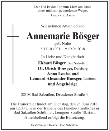 Anzeige  Annemarie Bösger  Lippische Landes-Zeitung