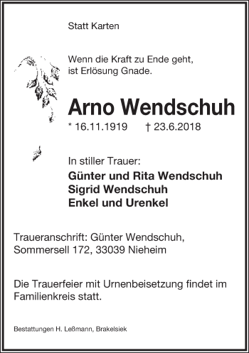 Anzeige  Arno Wendschuh  Lippische Landes-Zeitung