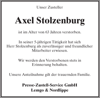 Anzeige  Axel Stolzenburg  Lippische Landes-Zeitung