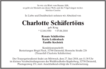 Anzeige  Charlotte Schäfertöns  Lippische Landes-Zeitung