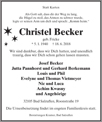Anzeige  Christel Becker  Lippische Landes-Zeitung