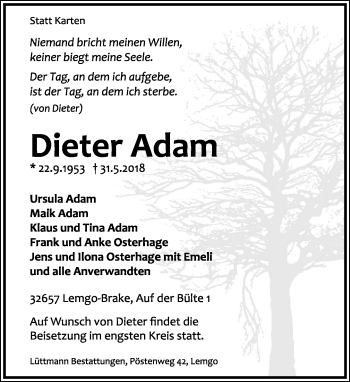 Anzeige  Dieter Adam  Lippische Landes-Zeitung