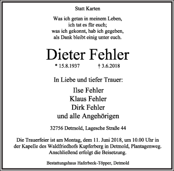 Anzeige  Dieter Fehler  Lippische Landes-Zeitung