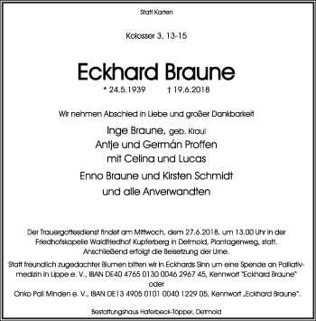 Anzeige  Eckhard Braune  Lippische Landes-Zeitung