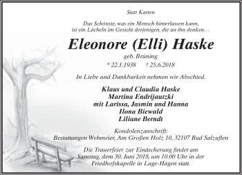 Anzeige  Eleonore Haske  Lippische Landes-Zeitung