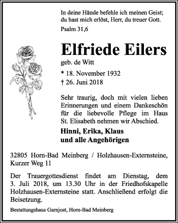 Anzeige  Elfriede Eilers  Lippische Landes-Zeitung