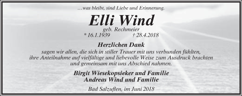  Traueranzeige für Elli Wind vom 16.06.2018 aus Lippische Landes-Zeitung
