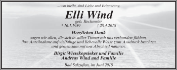 Anzeige  Elli Wind  Lippische Landes-Zeitung