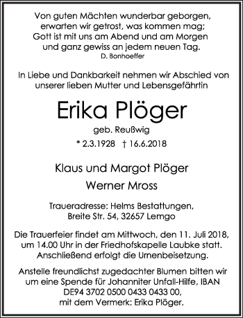 Anzeige  Erika Plöger  Lippische Landes-Zeitung