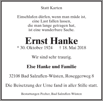 Anzeige  Ernst Hanke  Lippische Landes-Zeitung